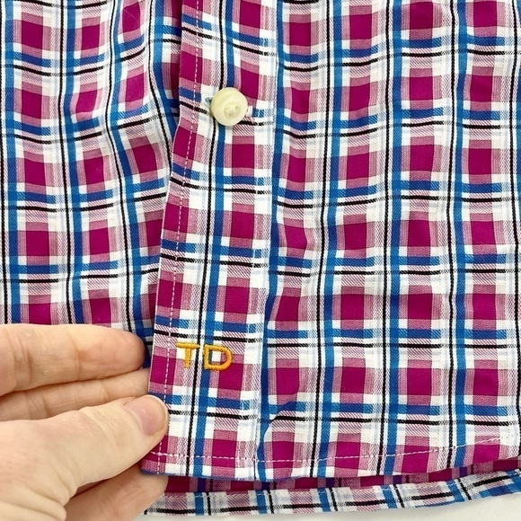 Thomas Dean Mens Large Pink and Blue Preppy Plaid Dress Business Casual Shirt - Picture 7 of 8